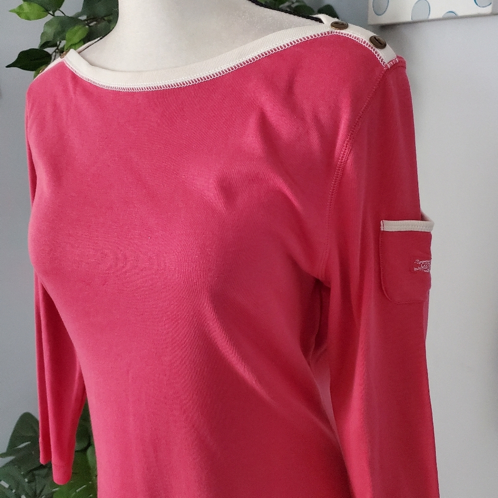 LAUREN RALPH LAUREN Boat Neck Pocket Sleeve Tee L